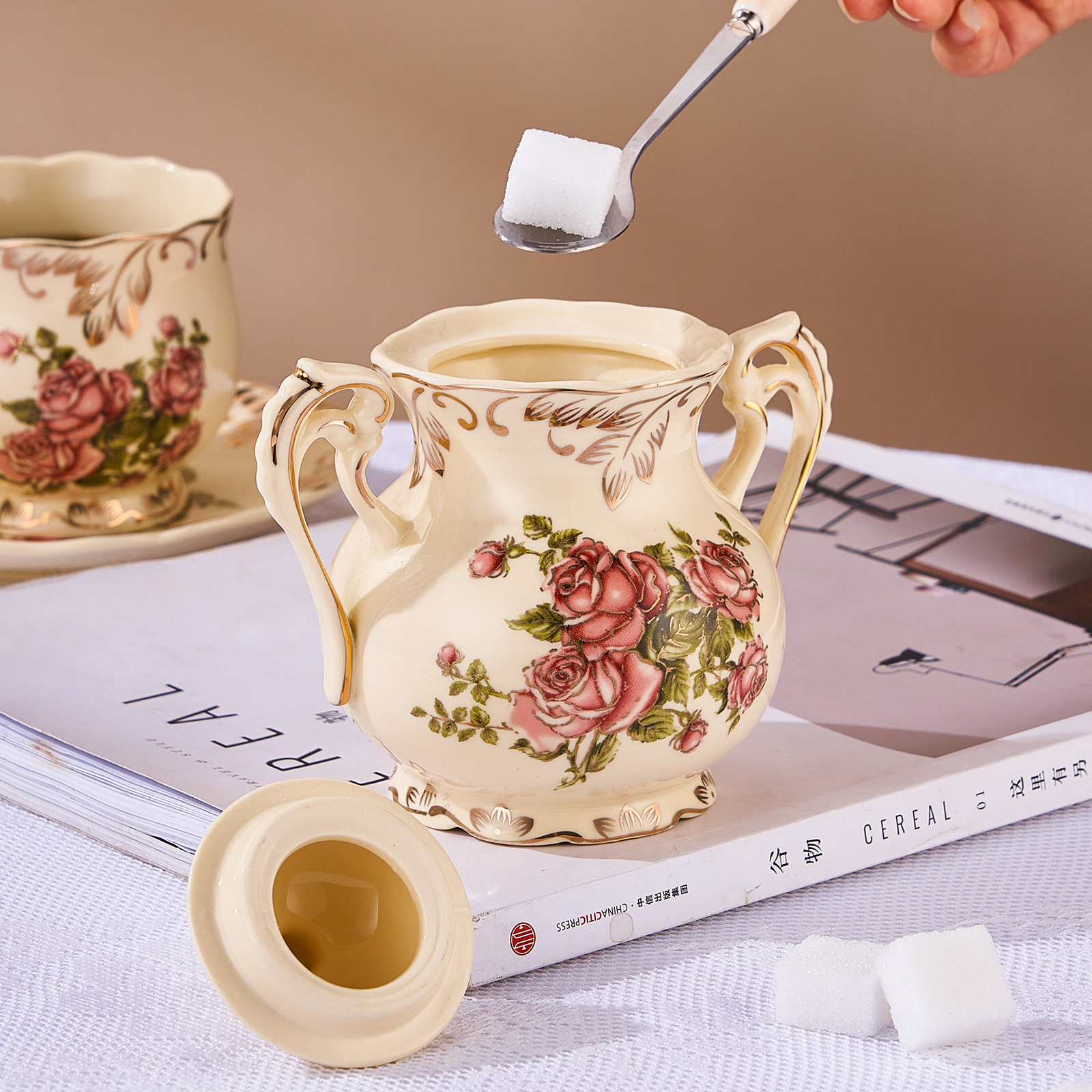 2pcs,Rose pattern ceramic milk - Tea Coffee Sugar Container 评论和价格