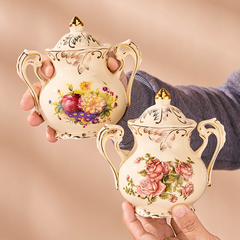 2pcs,Rose pattern ceramic milk - Tea Coffee Sugar Container 评论和价格