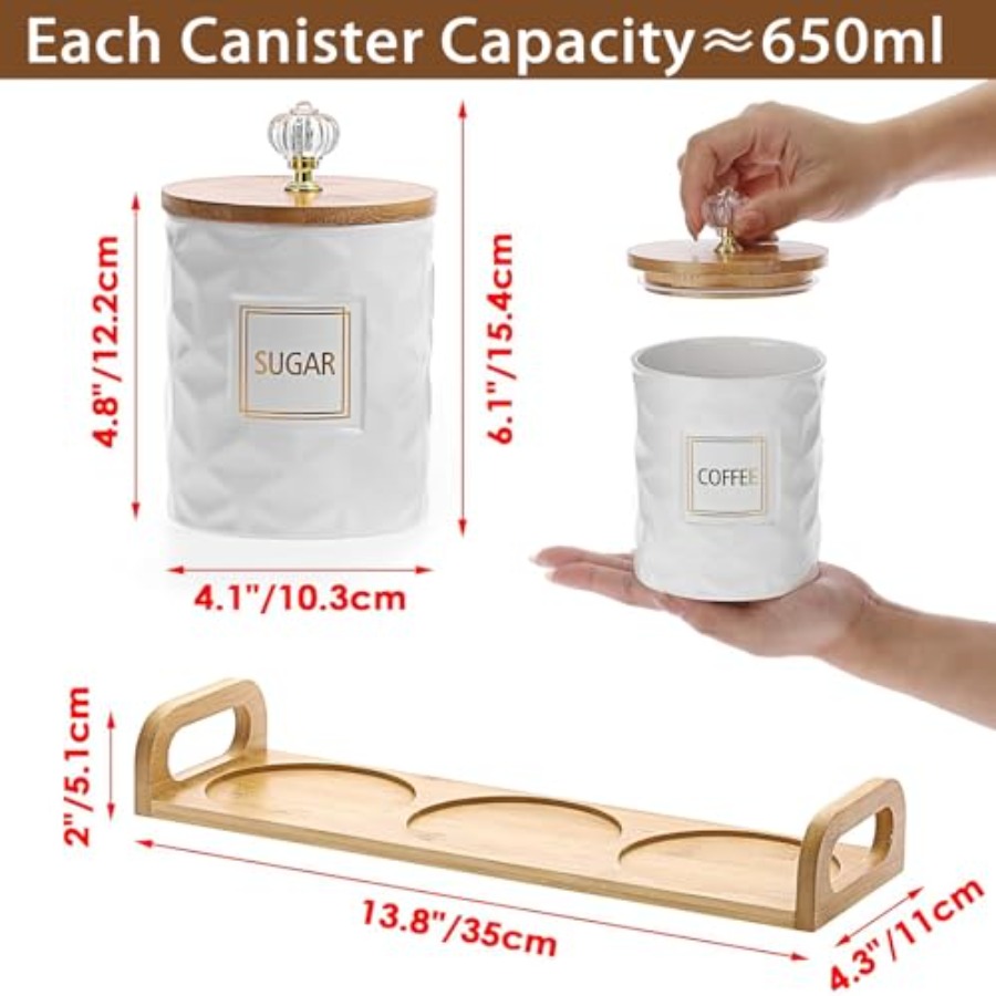 Set of 3 Ceramic Canisters Set - Tea Coffee Sugar Container 评论和价格