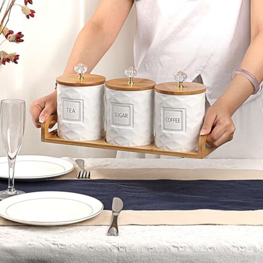 Set of 3 Ceramic Canisters Set - Tea Coffee Sugar Container 评论和价格